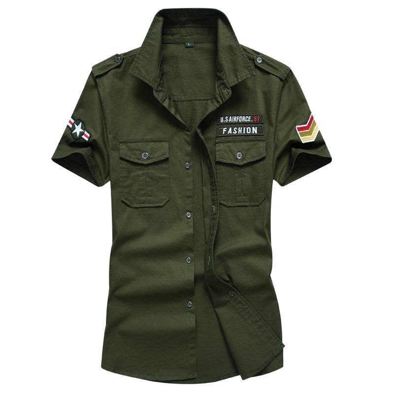 

Men Shirt Solid Color Short Sleeve Turn Down Collar Fashion Top Shirt, Army green