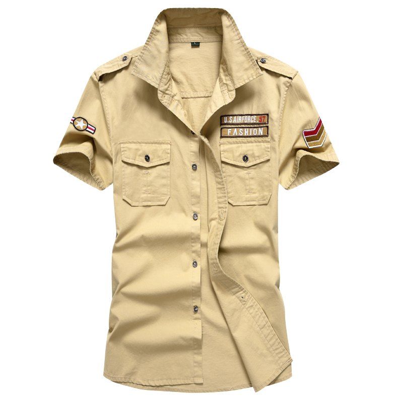 

Men Shirt Solid Color Short Sleeve Turn Down Collar Fashion Top Shirt, Mustard