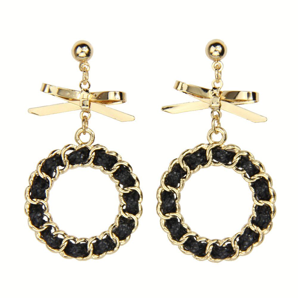 

Bow Black Rope Gold Circle Earrings