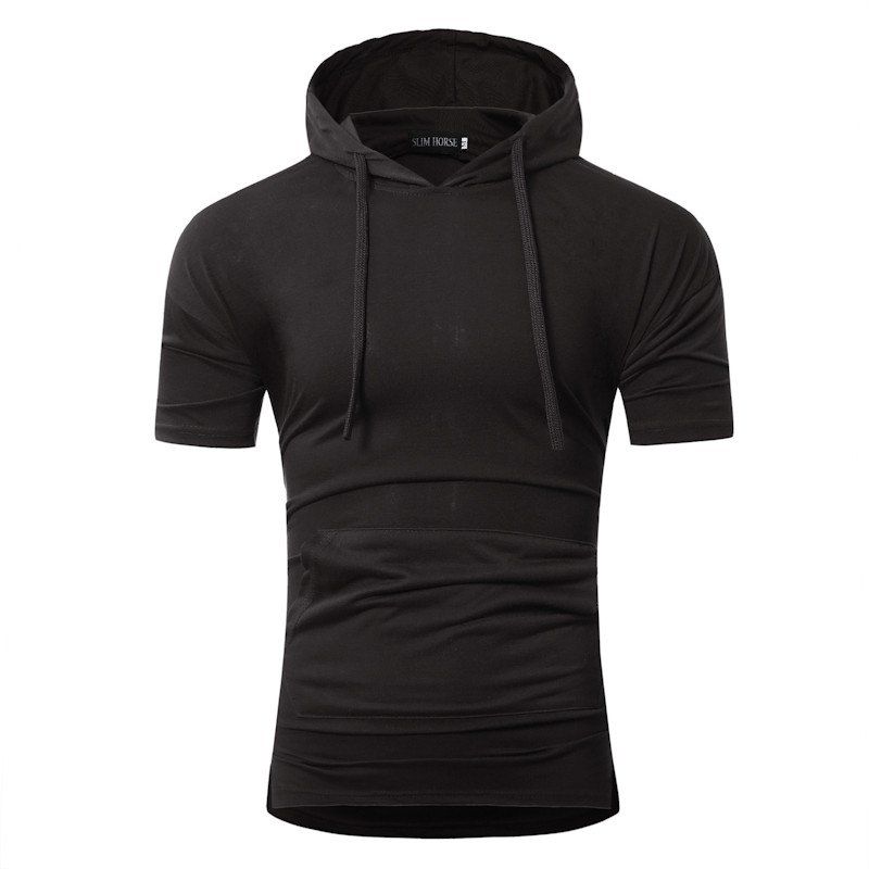 

Pure Color Casual Slim Hooded Short-Sleeve T-Shirt, Black