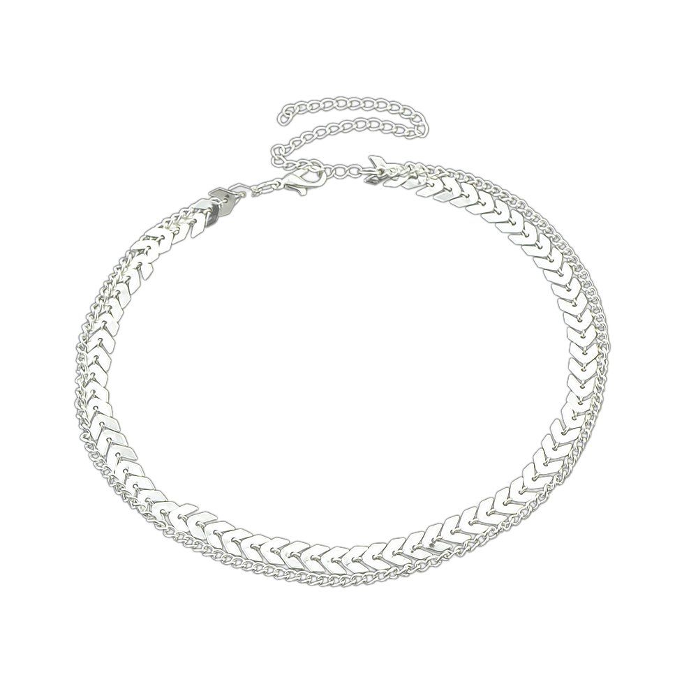 

Multi Layer Chain with Fish Bone Short Necklace, Silver