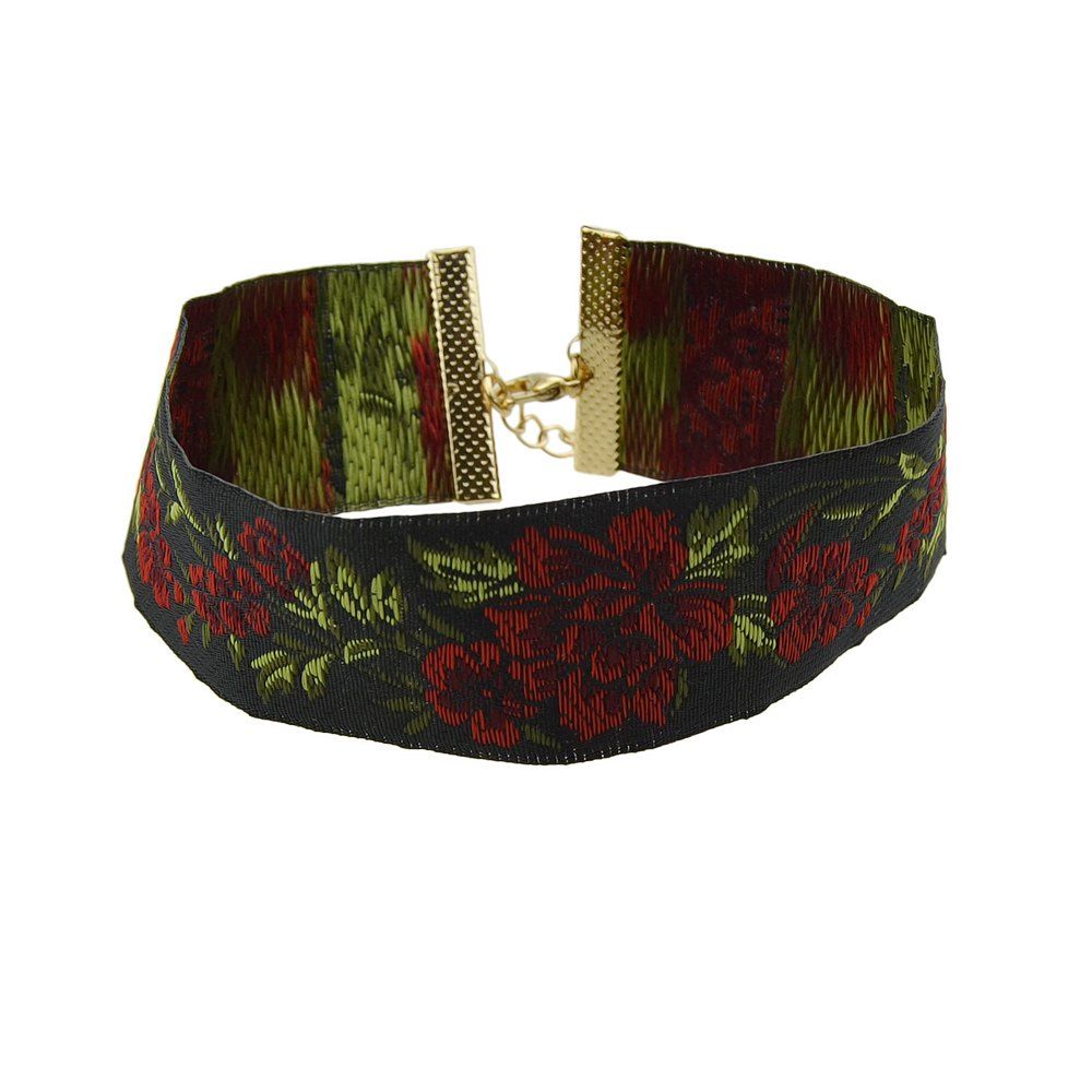 

Green Red Embroidery Statement Maxi Necklace, Black