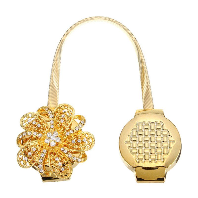 

Flower Magnetic Curtain Buckle Rhinestones with Tie Back Straps, Gold