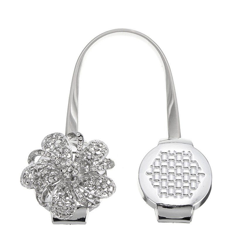 

Flower Magnetic Curtain Buckle Rhinestones with Tie Back Straps, Silver