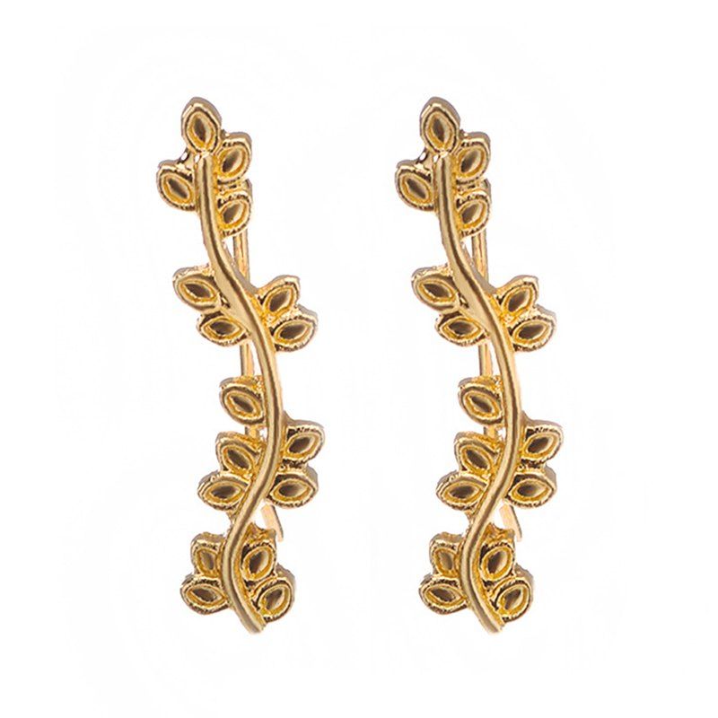 

New Ornaments Popular Multi Leaf Leaves Curved Branches Ear Earrings, Gold