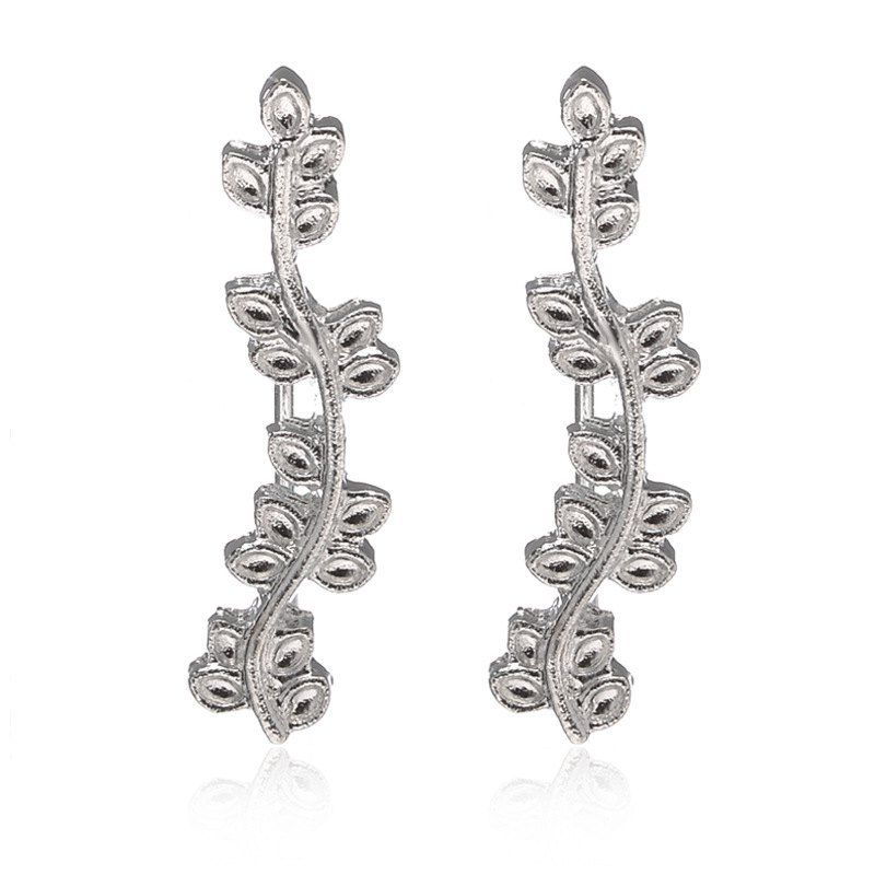 

New Ornaments Popular Multi Leaf Leaves Curved Branches Ear Earrings, Silver