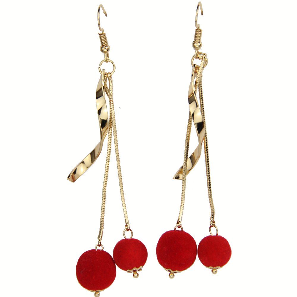 

Spiral Bend Red Pompon Ball Earrings