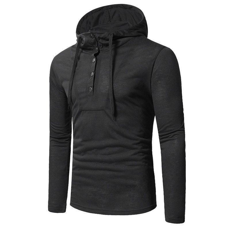 

Personality Button Casual Hooded Slim Long-Sleeved Hoodie, Black