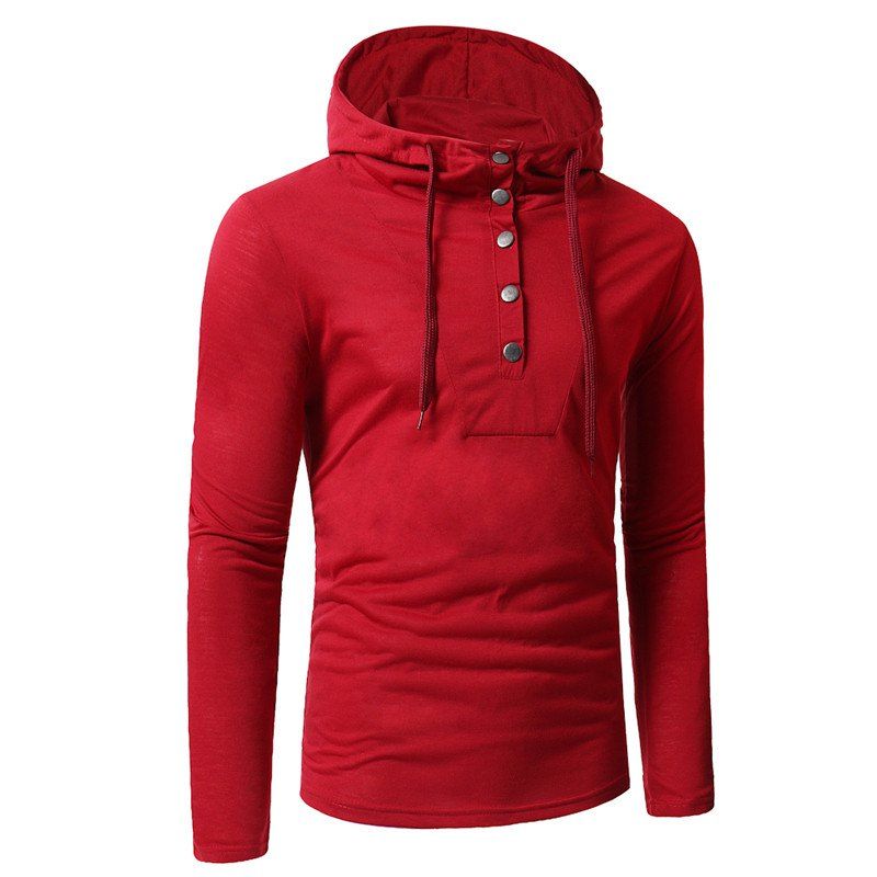

Personality Button Casual Hooded Slim Long-Sleeved Hoodie, Red