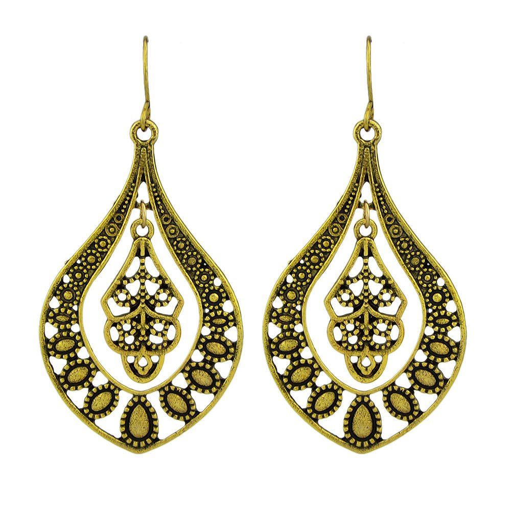 

Hollow Out Flower Statement Water Drop Hanging Earrings, Gold