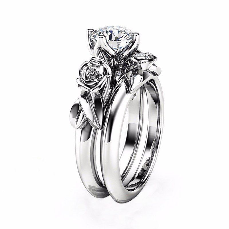 

Rose Flower Diamond Couple Rings, White