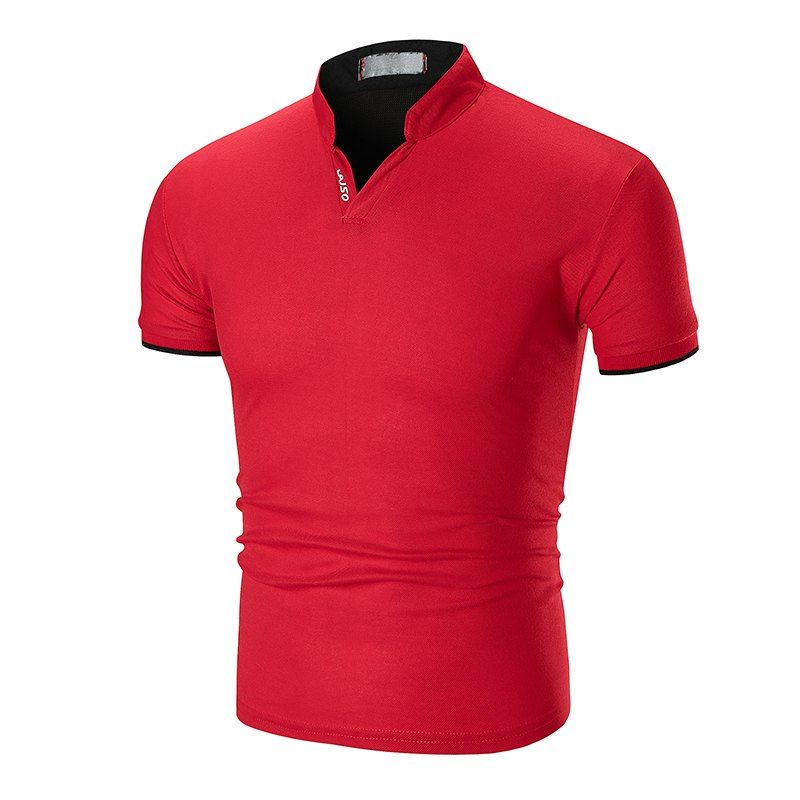 

Summer New Solid Color Cuff Stripe Collar Half Collar Polo Shirt, Red