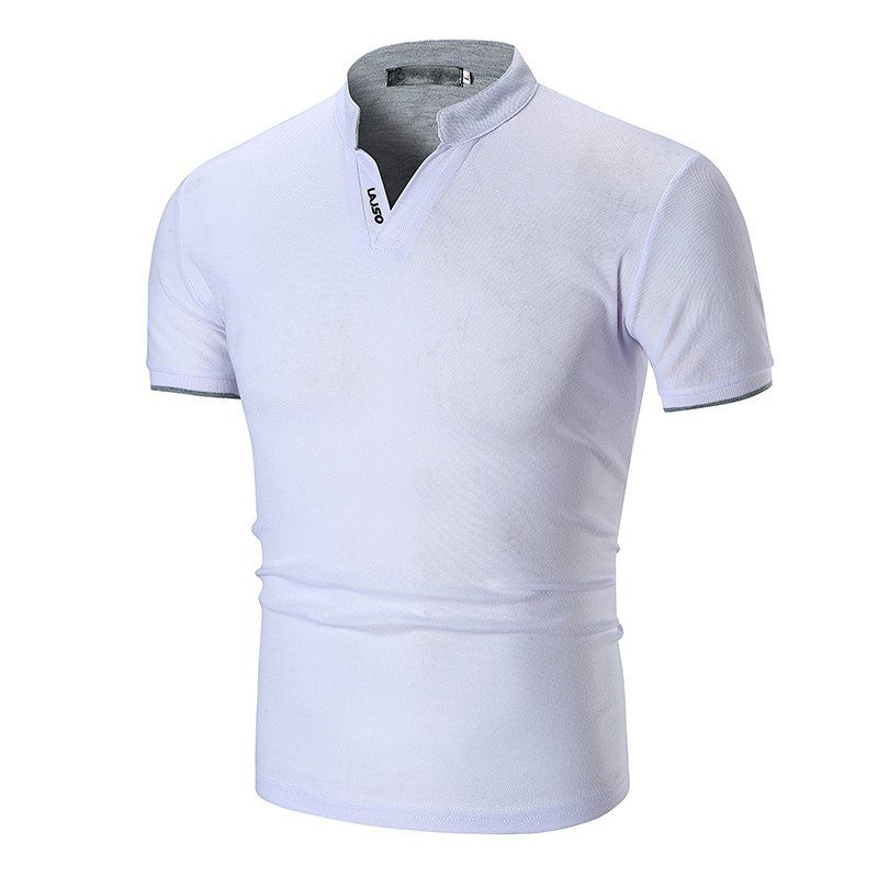

Summer New Solid Color Cuff Stripe Collar Half Collar Polo Shirt, White