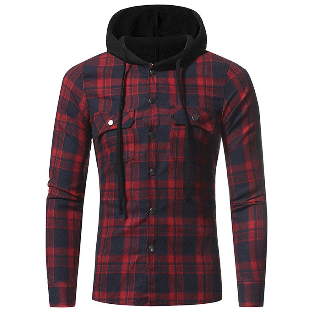 

Large Lattice Double Pocket Hooded Casual Men's Plaid Long-Sleeved Shirt, Red
