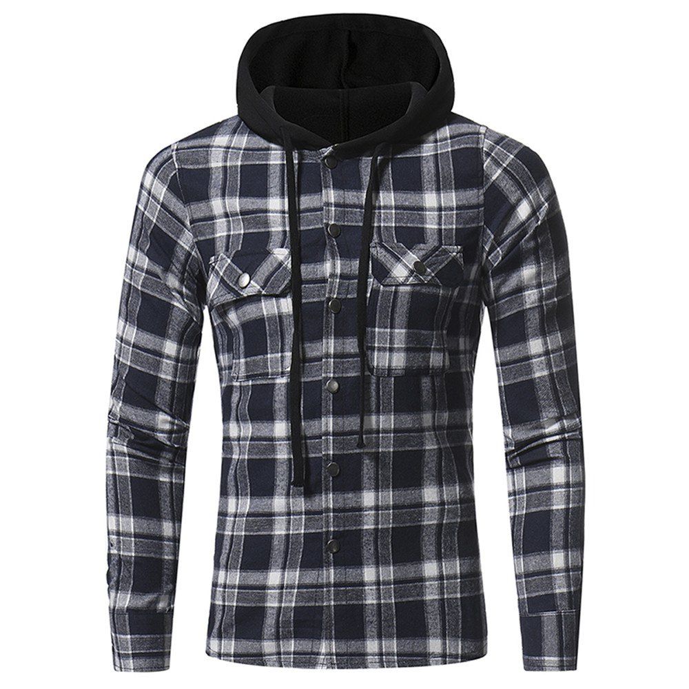 

Large Lattice Double Pocket Hooded Casual Men's Plaid Long-Sleeved Shirt, Cadetblue