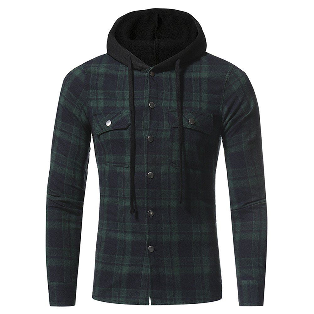 

Large Lattice Double Pocket Hooded Casual Men's Plaid Long-Sleeved Shirt, Army green