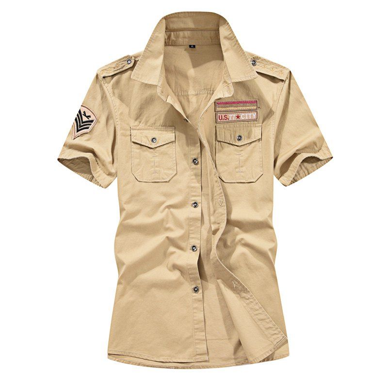 

Men Plus Size Sleeve Shirt Military Style Letter Pattern Pocket Top Short Shirt, Mustard