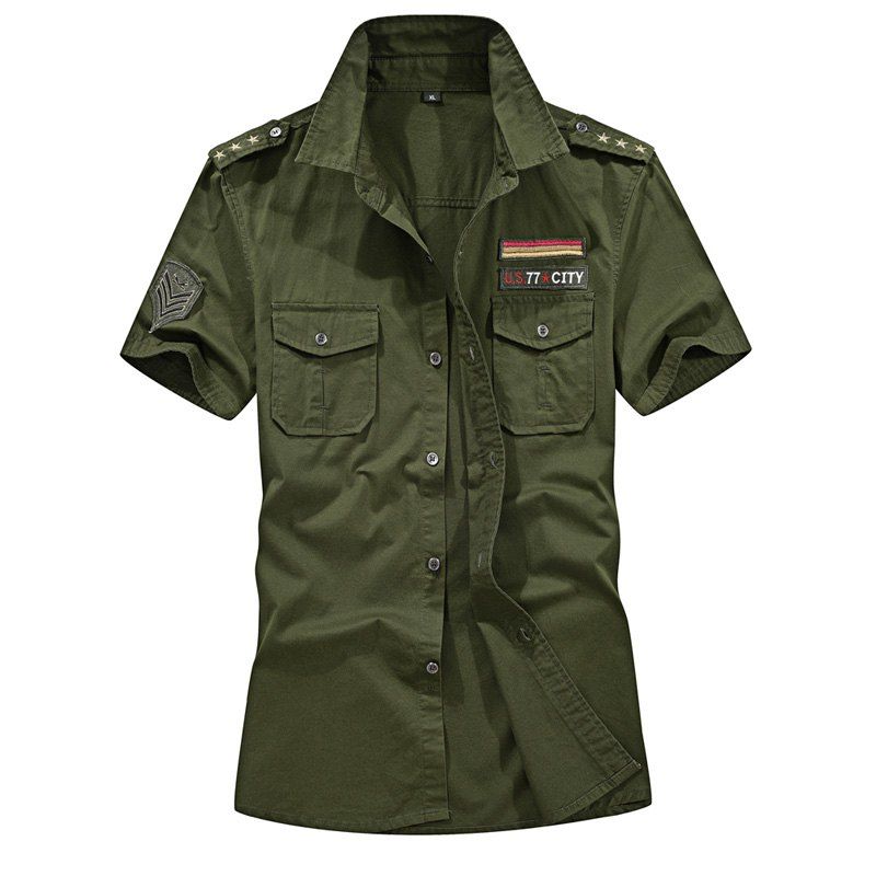 

Men Plus Size Sleeve Shirt Military Style Letter Pattern Pocket Top Short Shirt, Army green