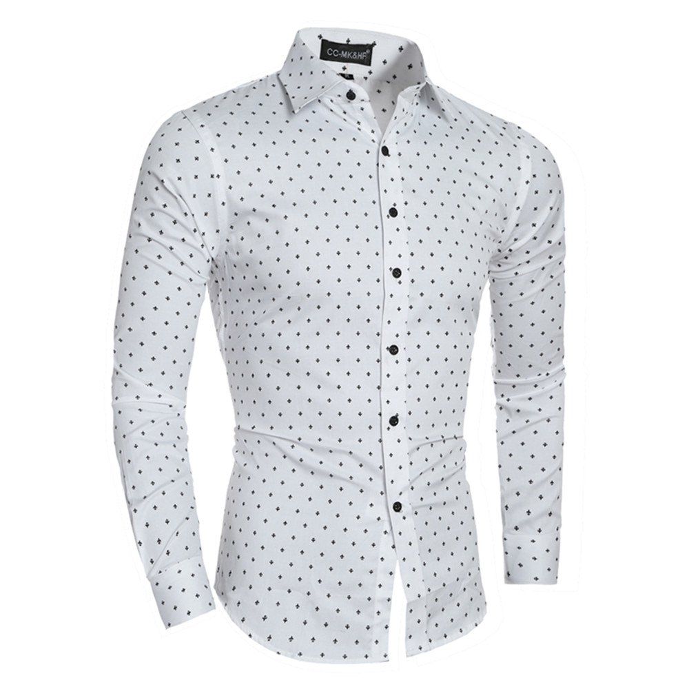 

Boutique Cotton Small Aircraft Print Men's Casual Slim Long-Sleeved Shirt, White