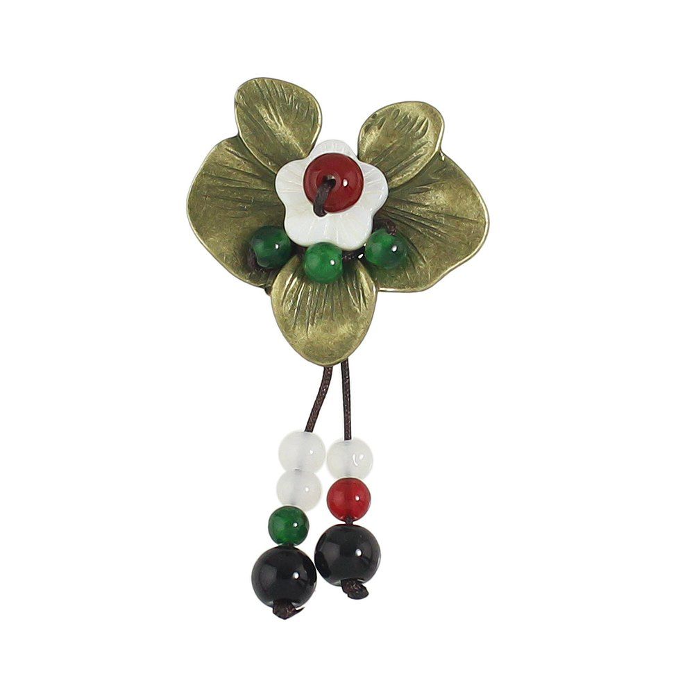 

Flower Brooch with White Red Black Beads, Multi