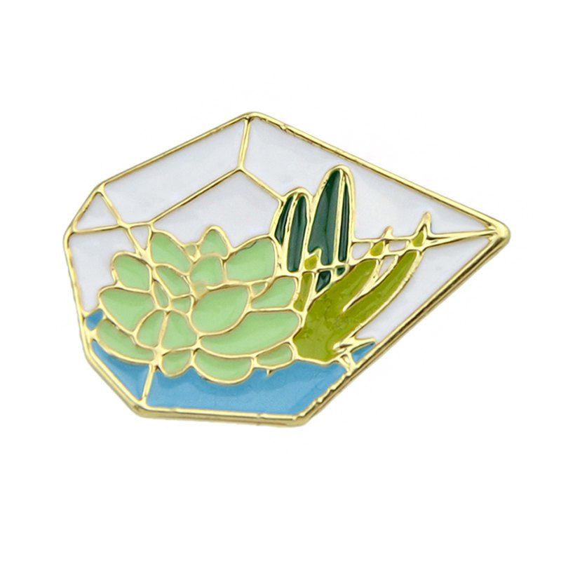 

Gold-color Green Pentagon Grass Cactus Lotus Brooch