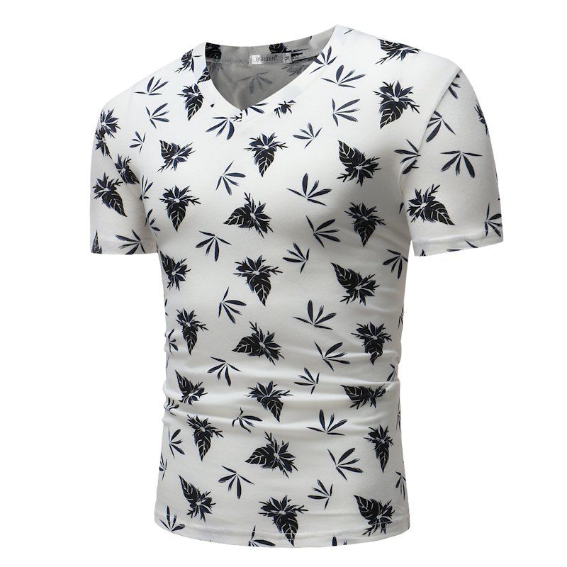 

Summer Fashion Print V Collar Men Short Sleeve T-shirts, White