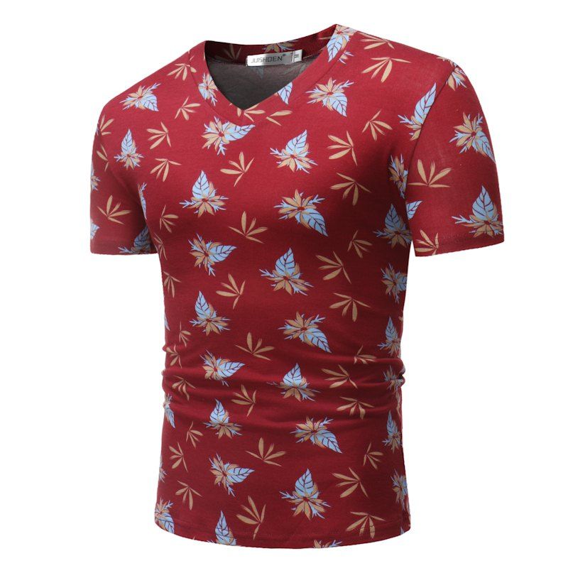 

Summer Fashion Print V Collar Men Short Sleeve T-shirts, Red wine