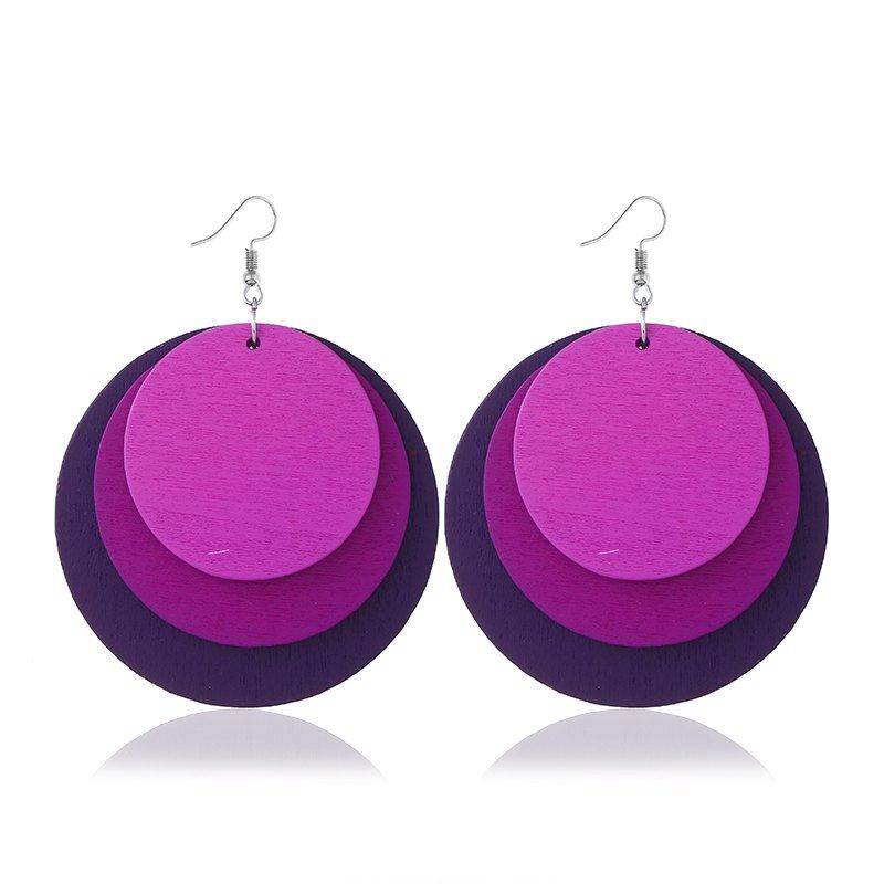 

New Fashion Exaggerated Vintage Simple Color Three Round Wooden Earrings, Purple