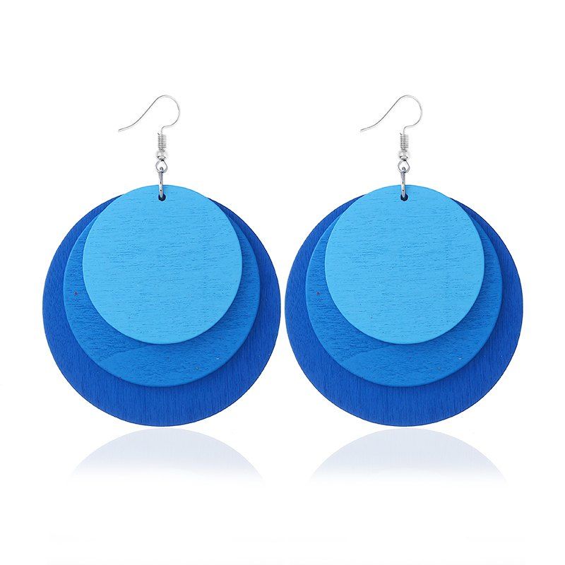 

New Fashion Exaggerated Vintage Simple Color Three Round Wooden Earrings, Blue