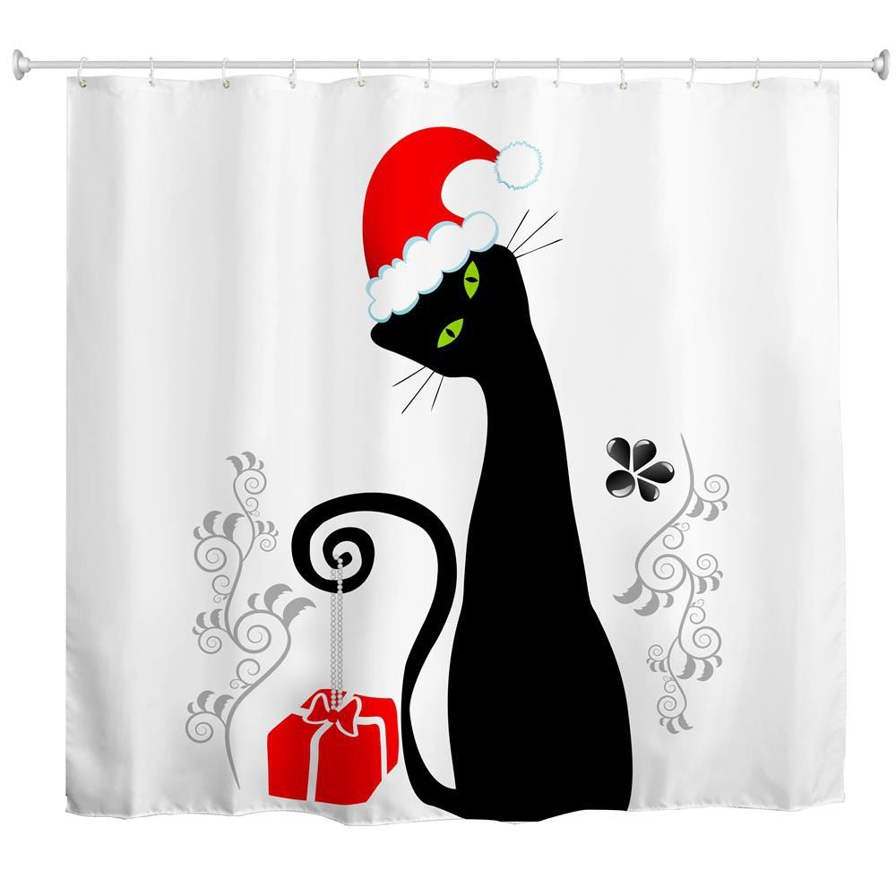 2018 Black Cat With Red Hat Water Proof Polyester 3d Printing Black Cat With Red Hat Water Proof Polyester 3d Printing Bathroom Shower Curtain Multicolor