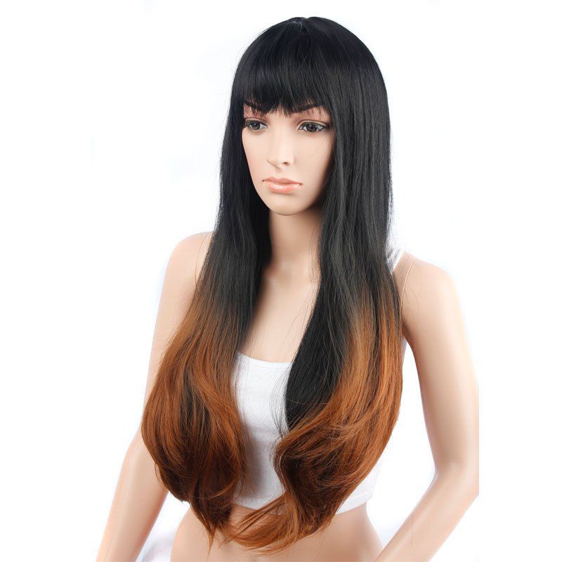 

Machine Made Long Straight Brown Black Roots Cheap Wigs with Bang for Girls