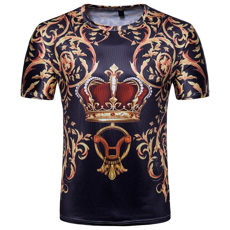 

New Summer Men's Short 3D Crown Printed Short Sleeve T-shirt, Black