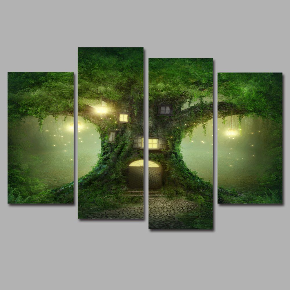 

Tree House Frameless Printed Canvas Art Print 4PCS, Multi-a