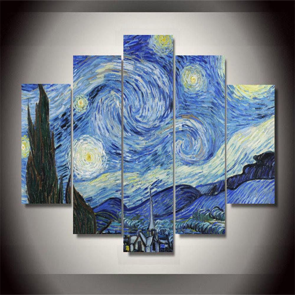 

The Starry Night Frameless Printed Canvas Art Print 5PCS, Multi-a