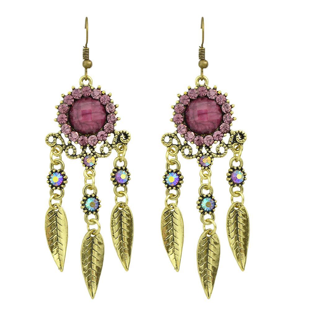 

Colorful Rhinestone and Hollow Out Leaf Drop Earrings, Plum