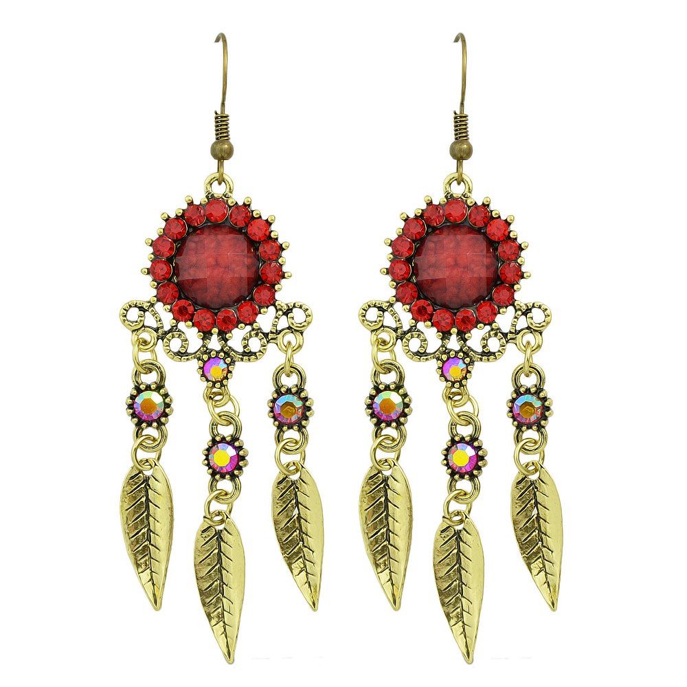 

Colorful Rhinestone and Hollow Out Leaf Drop Earrings, Lava red