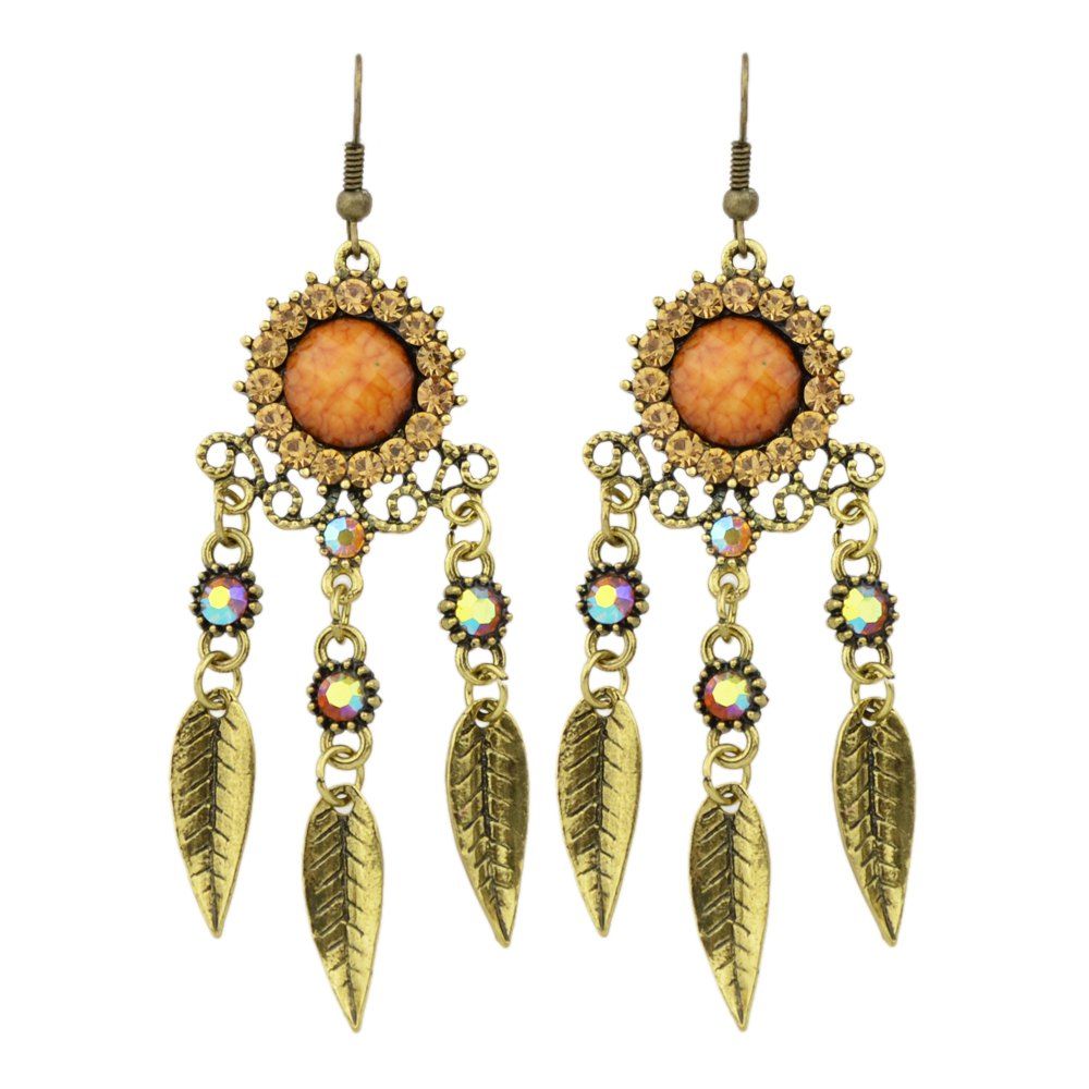

Colorful Rhinestone and Hollow Out Leaf Drop Earrings, Brown sugar