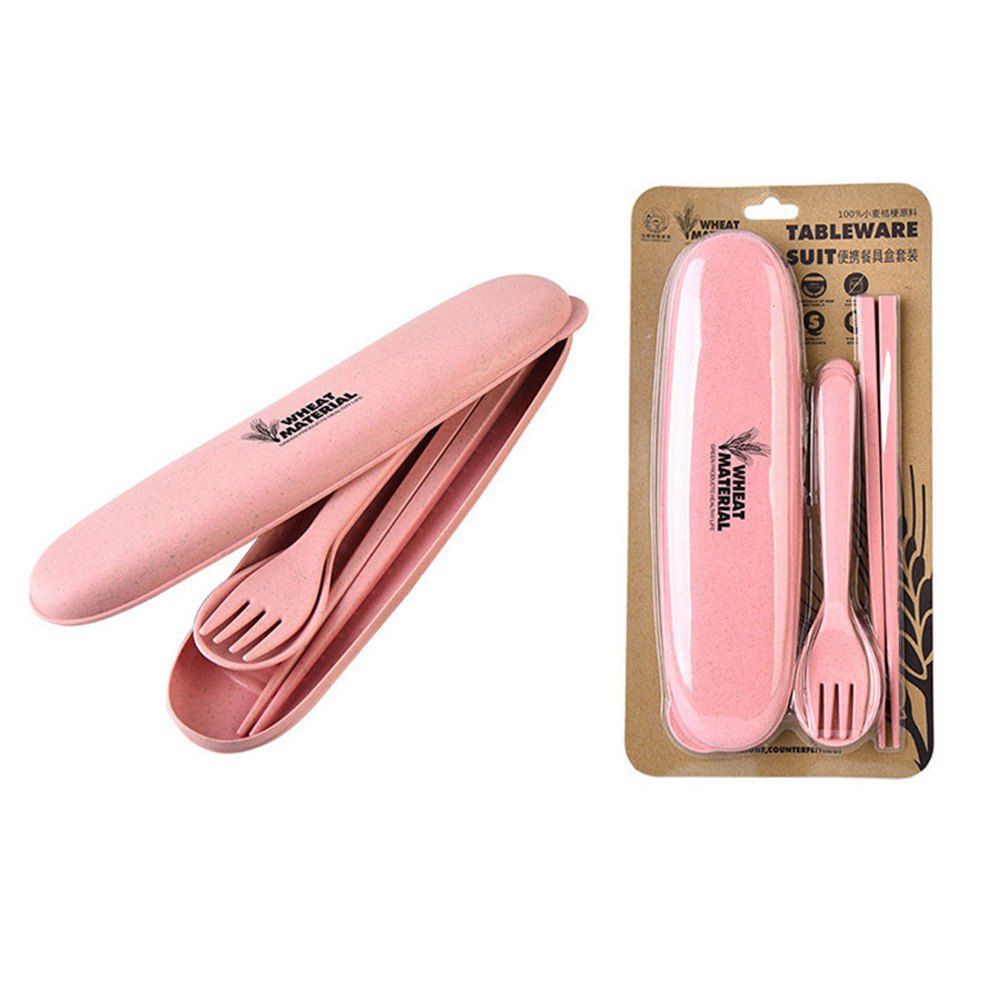 

3 PCS Portable Eco-friendly Wheat Straw Outdoor Travel Flatware Set, Pink