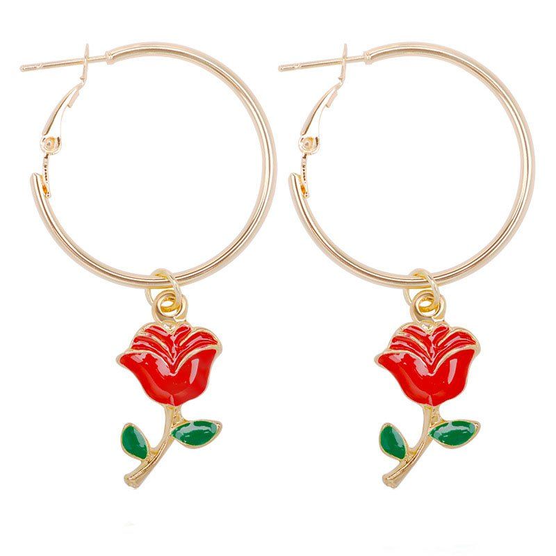 

Simple and Fashionable Rose Flower Circle Green Leaf Flower Earring, Gold