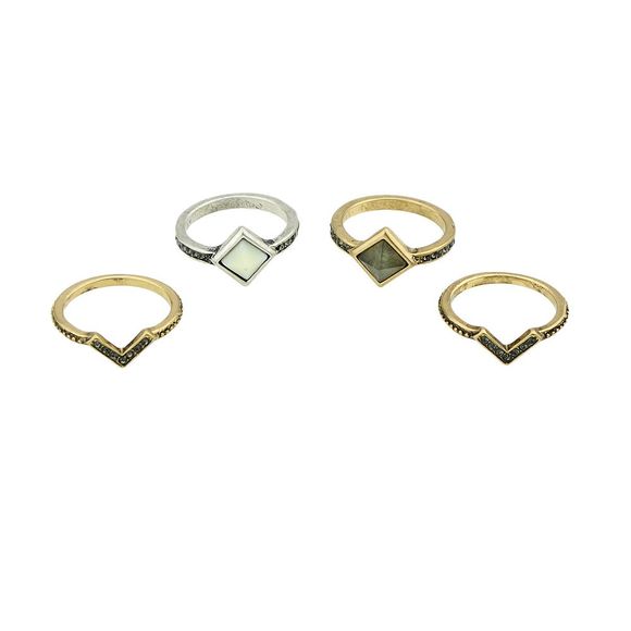 4 pièces Antique or couleur argent avec des anneaux de pierre - Or RING SET