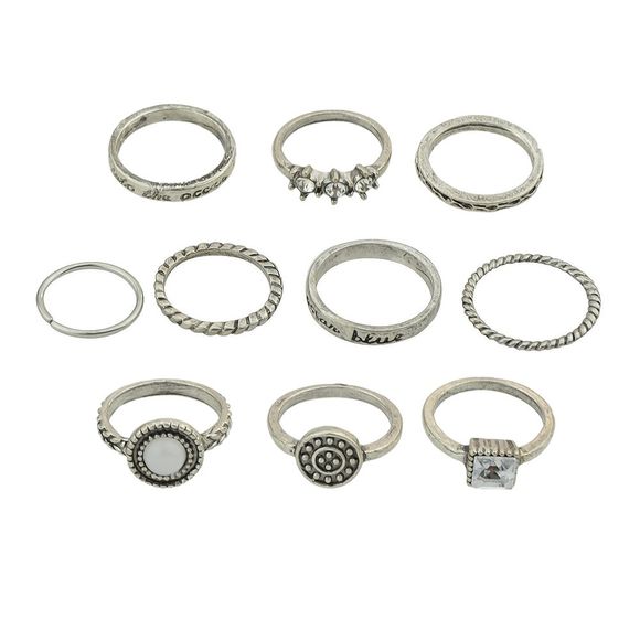 10 pcs Antique Silver Silver couleur avec des anneaux de pierre strass - Argent RING SET