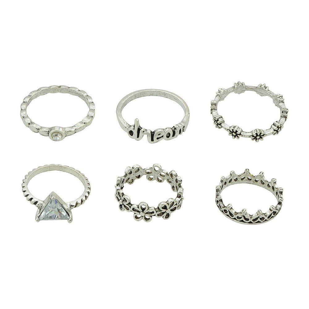 

6 Pcs Rhinestone Dream Letter Flower Triangle Rings, Silver