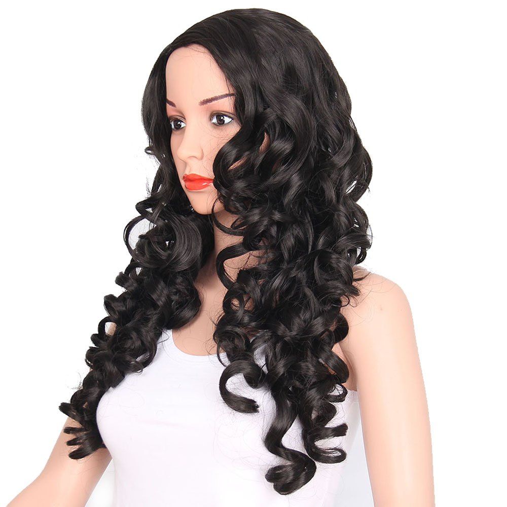 

African American Women Black Curly Long Synthetic Hair Party Wig Side Parting