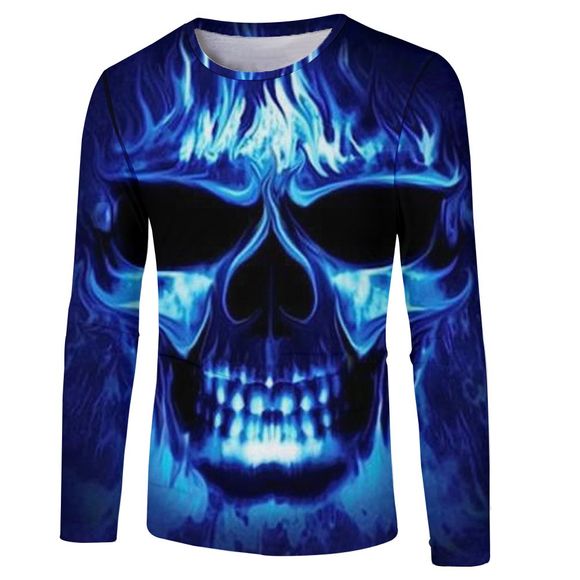 Élégant nouveau T-shirt à manches longues bleu impression Skull 3D hommes - Bleu XL