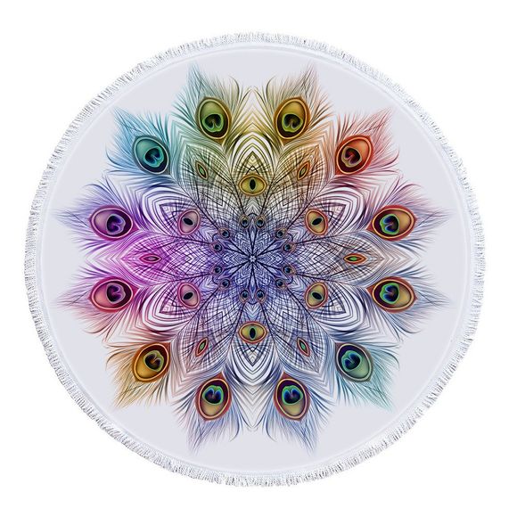 Serviette de Plage Mandala en Plumes de Paon avec Pompon en Microfibre - multicolor A 150CM