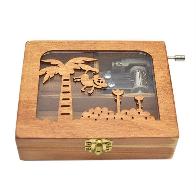 

Wooden Animal Pattern Hand Cranked Jewelry Music Box, Burlywood