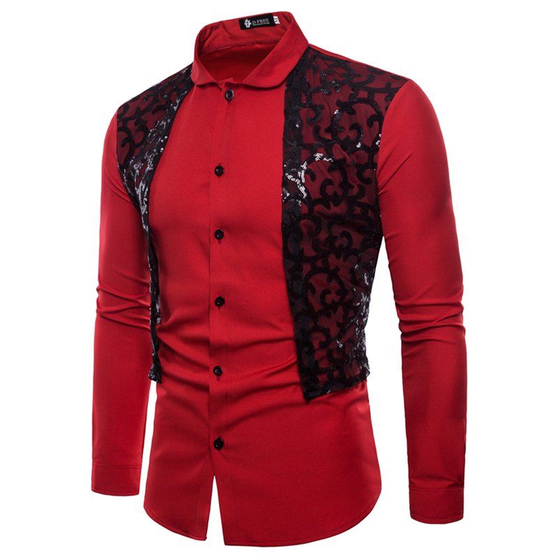 

Men's Fashion Lace and Lace Adornment Long Sleeve Shirt, Red