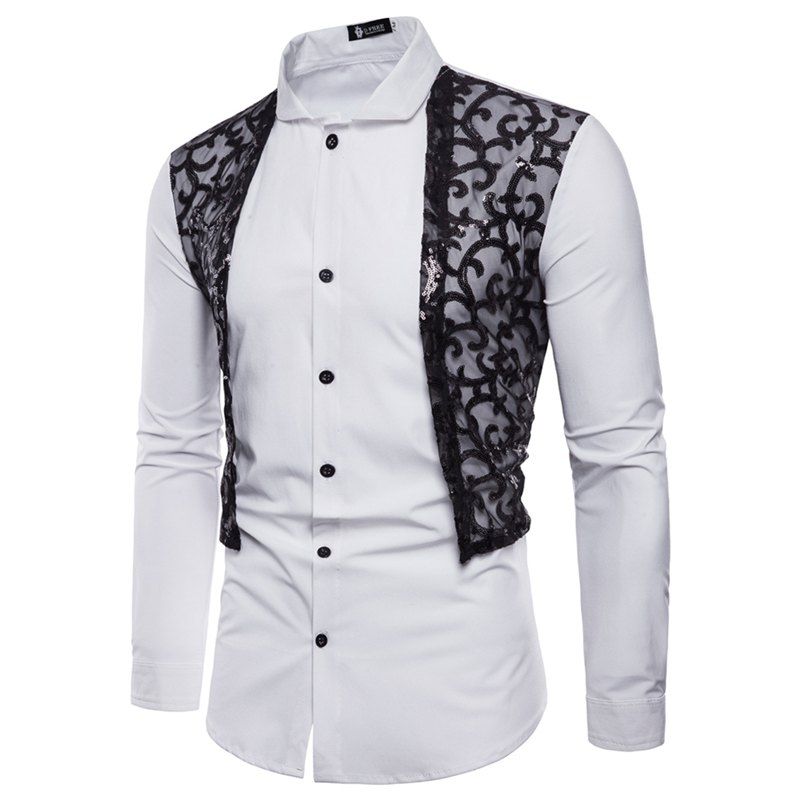 

Men's Fashion Lace and Lace Adornment Long Sleeve Shirt, White