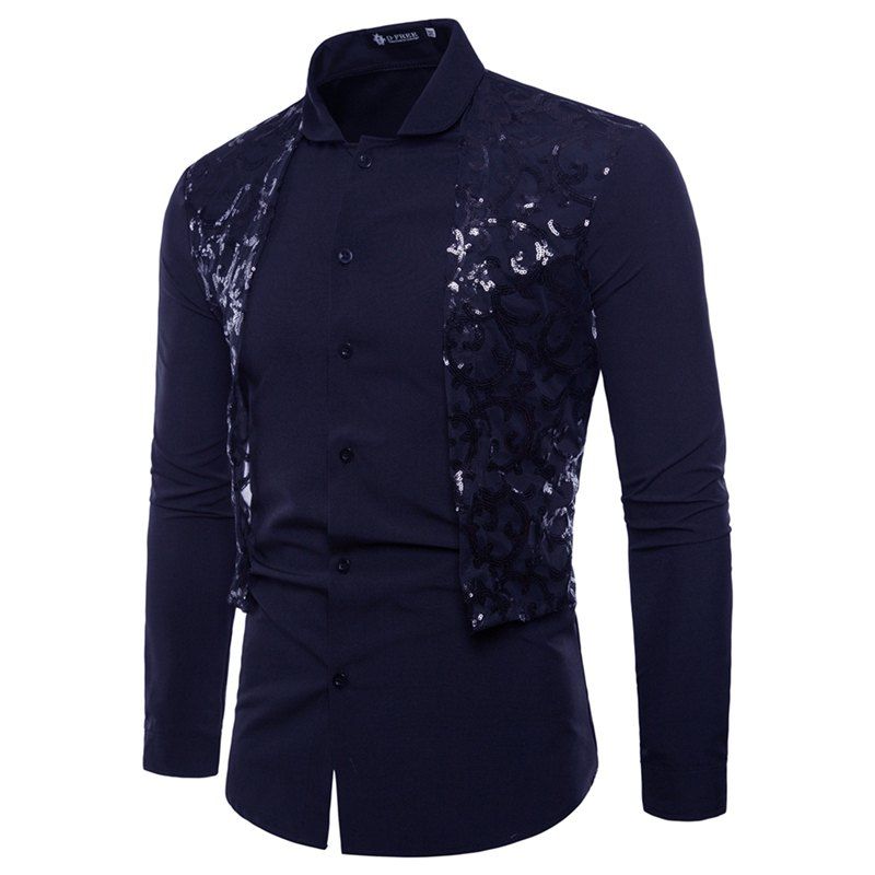 

Men's Fashion Lace and Lace Adornment Long Sleeve Shirt, Dark slate grey