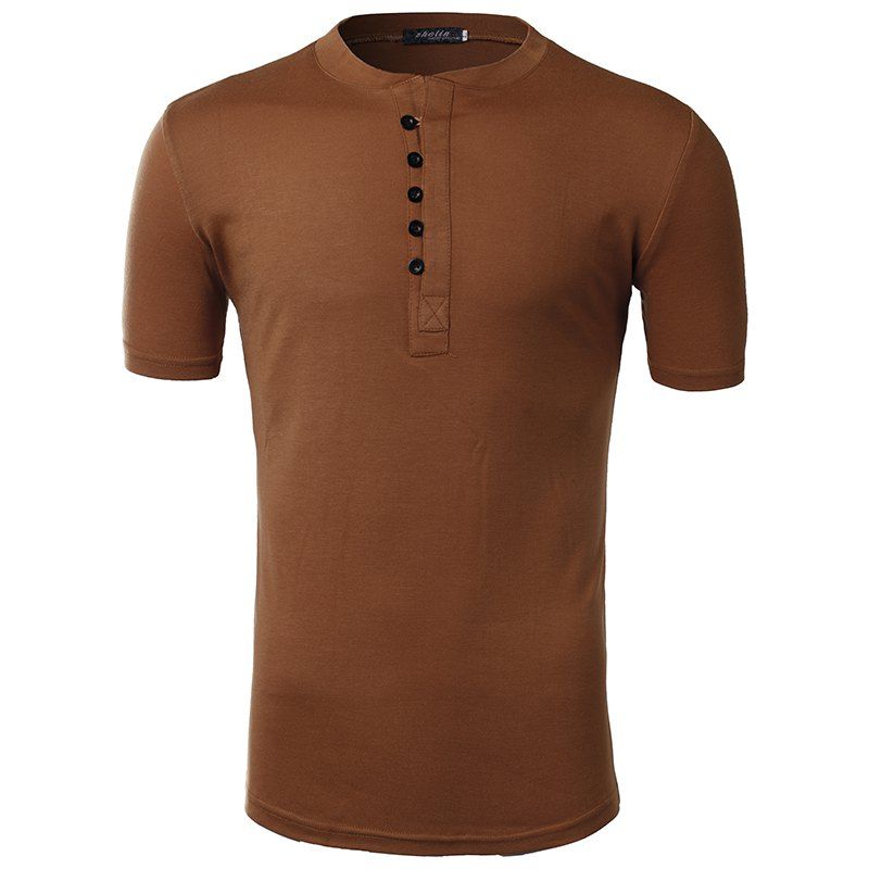 

Men Solid Color Button T-shirt, Brown bear